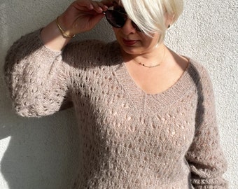 Trendy Beige Mohair Sweater, v neck sweater, lace sweater, Jumper for Women, Oversized Hand Knitted Sweater, Chunky lace sweater