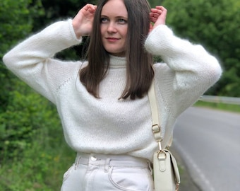 White Angora Sweater for Women, Angora Turtleneck, Fluffy Angora