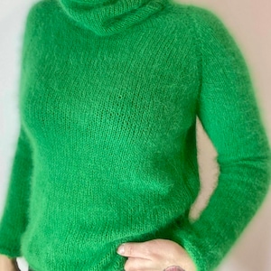 Аngora sweater, Wool turtleneck knit sweater for women, Fall hand knit sweater, Green Fluffy angora sweater, angora wool sweater image 5