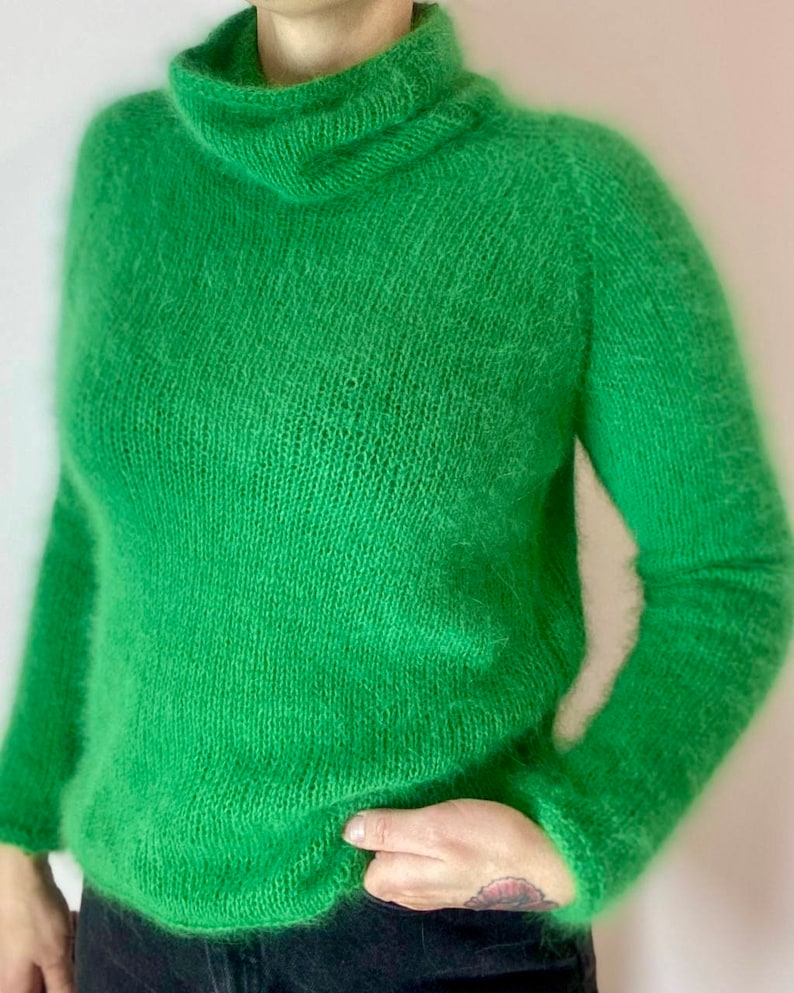 Аngora sweater, Wool turtleneck knit sweater for women, Fall hand knit sweater, Green Fluffy angora sweater, angora wool sweater image 5