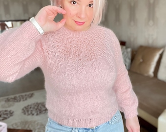 ピンクのモヘアセーター、手編みセーター、女性用セーター、レースモヘアセーター