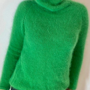 Аngora sweater, Wool turtleneck knit sweater for women, Fall hand knit sweater, Green Fluffy angora sweater, angora wool sweater image 6