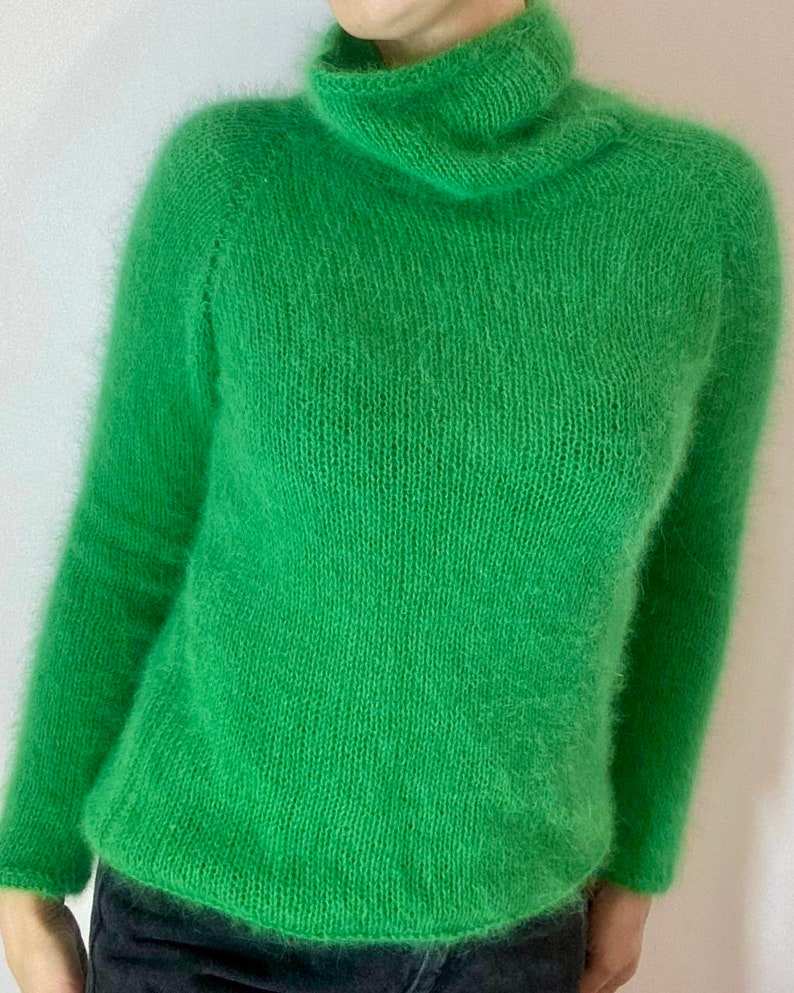 Аngora sweater, Wool turtleneck knit sweater for women, Fall hand knit sweater, Green Fluffy angora sweater, angora wool sweater image 6