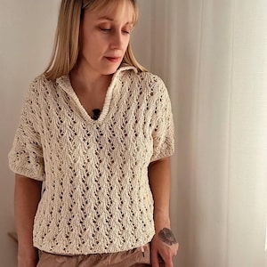 Cotton  Polo Sweater, short sleeve polo sweater ,Handmade lace polo neck sweater, Casual style