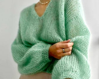 Soft Mint Mohair Sweater | Hand Knit Fluffy Jumper | Light Green Pullover | Oversized V Neck Sweater | Cozy Knit Gift for Her
