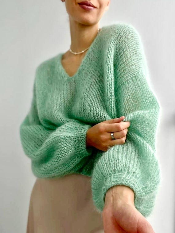 Soft Mint Mohair Sweater Hand Knit Fluffy Jumper Light Green