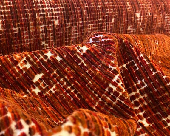 Embossed Orange Velvet Upholstery Fabric, Water Repellent, 55 inch Wide.