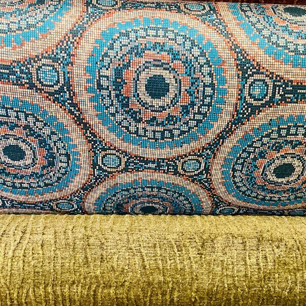 Rembourrage en viscose,Mosaïque,Motif pierre,Couleur brique,Bleu vert,Tissus tissés,Tissu d'ameublement,Tissu pour chaises,Tissu de décoration ethnique,Bouffant