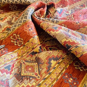 Turkish Fabric By the Yards,Turkish Orange Kilim Fabric,Chenille Fabric,Bohemian Fabric,Oriental Jacquard Fabric,turkish woven fabric,