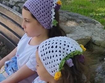 Crochet Floral Bandana, Cute Purple Hair Scarf for Girls, Cottagecore Boho Headband, Handmade Knit Headscarf, Hair Accessory