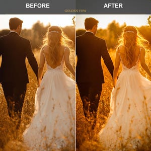 May include: A before-and-after image comparison. The "BEFORE" image shows a couple walking through a field of tall grass. The "AFTER" image shows the same couple, with enhanced lighting and colour. The text "GOLDEN VOW" is at the top.