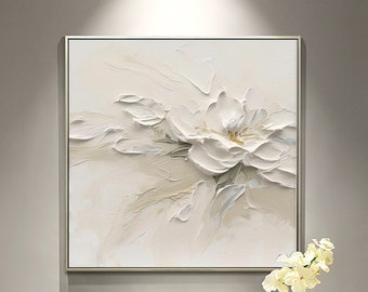 White Flower Wall Art,Heavy Textured Minimalist White Flower Painting,3D White Flower Oil Painting,Flower Acrylic Painting,Floral Wall Decor