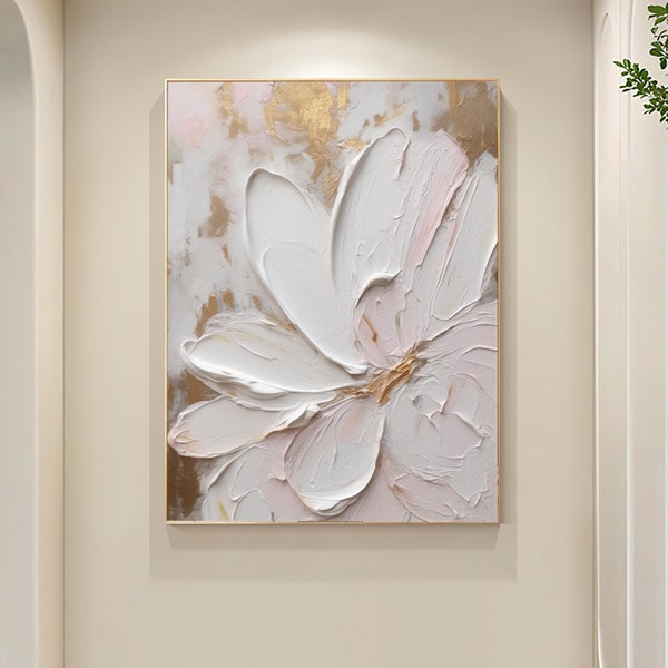 Peinture à l’huile abstraite de fleur rose sur toile, grand art mural, art floral original en or, art mural texturé 3D minimaliste, cadeau de décoration de salon