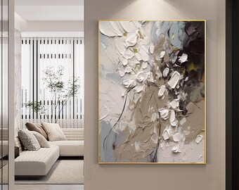 Pittura a olio con texture astratta su tela, grande arte da parete, pittura personalizzata, pittura acrilica strutturata Boho bianco beige moderno originale, decorazioni per la casa