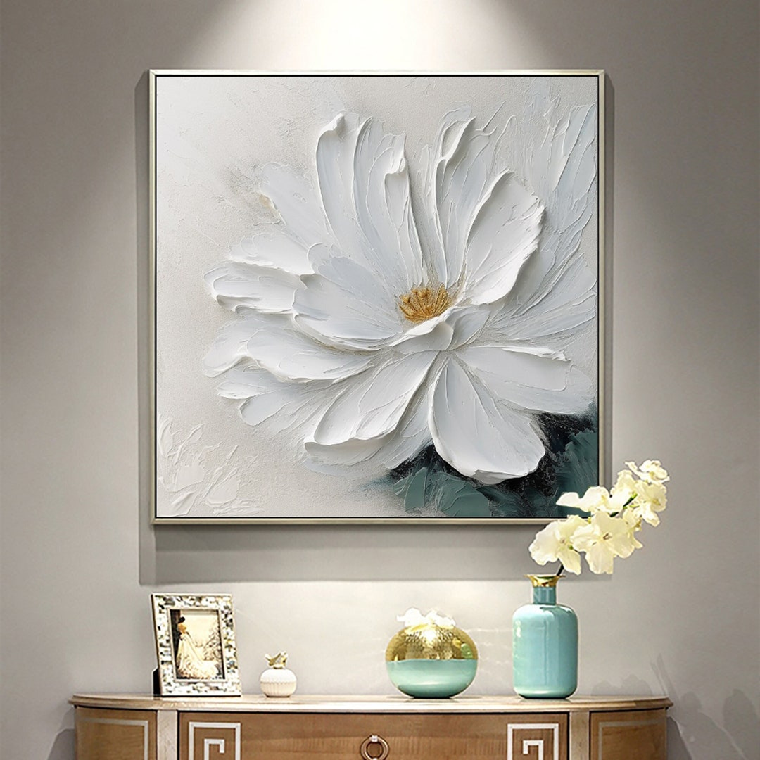 Large 3D White Flower Oil Painting on Canvas,abstract Blooming White ...