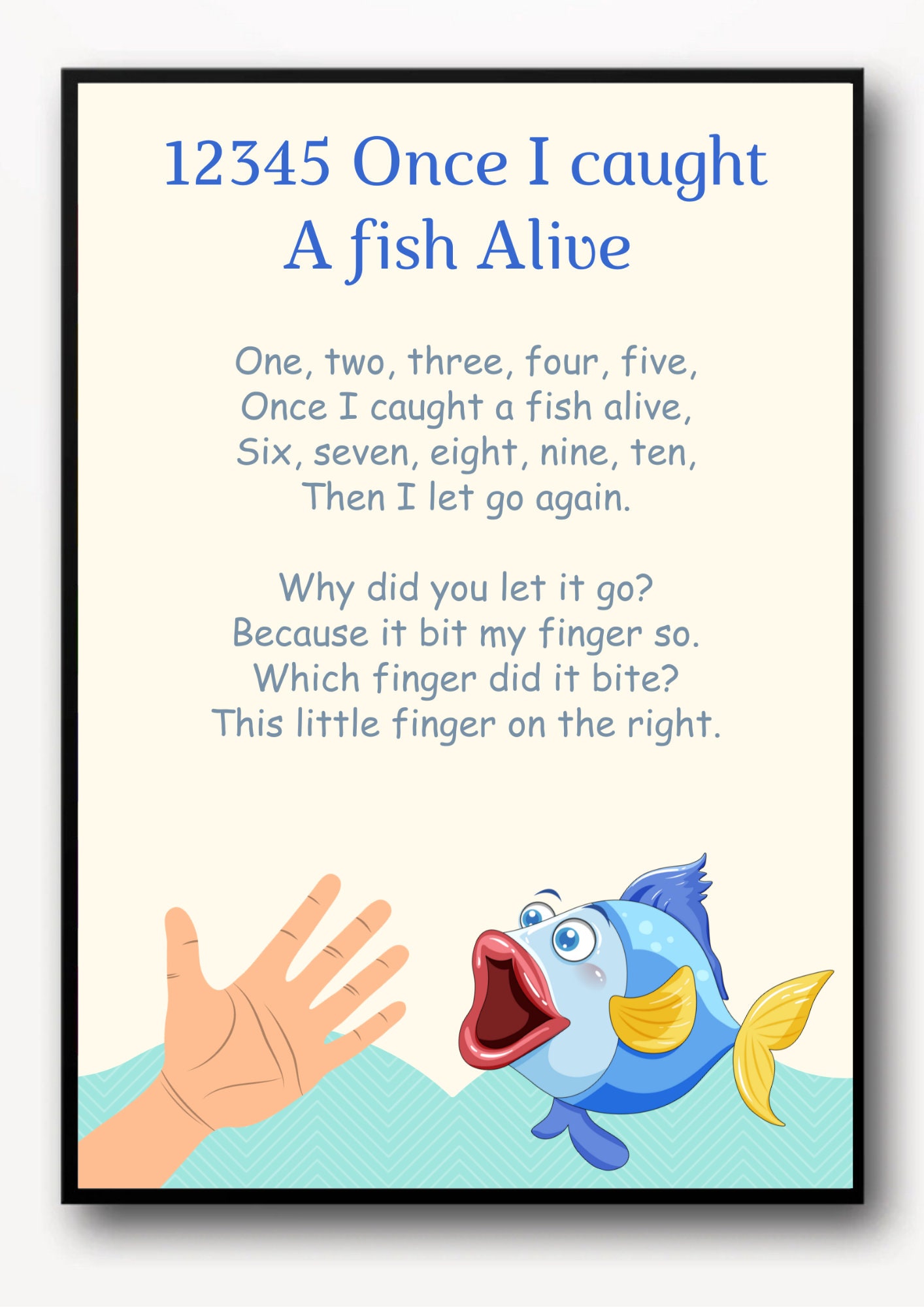 Kids Nursery Rhyme Poster 12345 Once I Caught A Fish Alive Etsy
