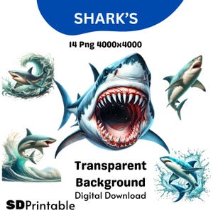 Shark Clipart Digital Download 14 PNG Images of Great White Sharks in Ocean Waves for Crafts, Sublimation, And DIY Projects