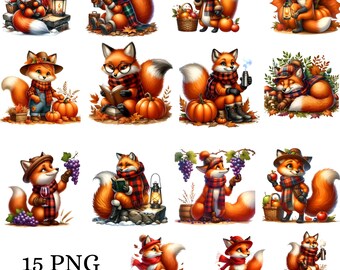 Paquete de imágenes prediseñadas de zorro otoñal (archivos PNG) - Descarga digital