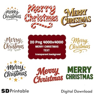 Op de afbeelding: Een verzameling "Merry Christmas" tekstontwerpen in verschillende stijlen. Bevat letters in de vorm van zuurstokken, gouden letters en een rood tekstontwerp met glitter. De afbeelding bevat ook de tekst "20 Png 4000x4000 MERRY CHRISTMAS TEXT transparent backgrond" en "Digital Download".