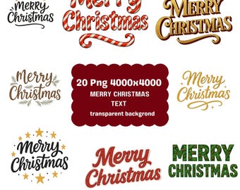 Merry Christmas Text Clipart Bundle, Gold Font, Candy Cane (PNG, Digital Download)