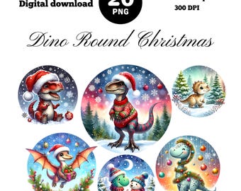 May include: A digital download set of 20 round PNG images titled Dino Round Christmas. The graphics feature various dinosaurs in festive holiday settings, including wearing Santa hats, sweaters, and surrounded by ornaments and snowflakes.