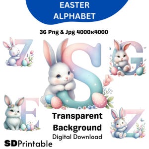 May include: Easter alphabet clipart featuring pastel coloured letters and adorable bunny rabbits. Each letter is decorated with Easter eggs and flowers. The letters are on a transparent background.