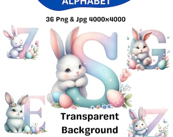 Pasen alfabet clipart konijntjes letters A-Z & 0-9 pastel aquarel PNG en JPG digitale download