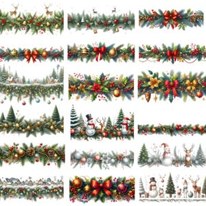 May include: A collection of watercolor Christmas border designs. Each design features festive elements like evergreen branches, red bows, ornaments, and winter scenes with snowmen, deer, and houses. The borders are perfect for holiday crafts.