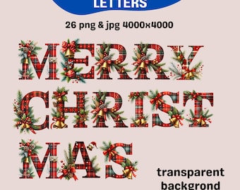 Plaid Christmas Alphabet Clipart: Holiday Letters PNG JPG (Digital Download)