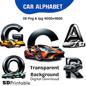 Alfabeto de coches / Letras de carreras PNG y JPG / Descarga digital / PNG de alta calidad para uso comercial / Letras 3D en negrita / Imágenes prediseñadas de coches deportivos