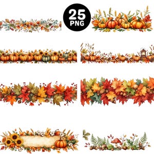 25 Fall Watercolor Clipart Borders Bundle, Autumn Pumpkin Leaf Banner Clipart, Thanksgiving Border PNG, Autumn Floral Frame, Commercial Use