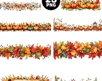 Può includere: Una collezione di 25 file PNG digitali con bordi ed elementi decorativi a tema autunnale. I disegni includono illustrazioni ad acquerello di zucche arancioni, girasoli, foglie d'acero rosse e gialle, ghiande, bacche e steli di grano.