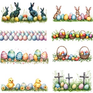 Puede incluir: Ilustraciones en acuarela con motivos de Pascua. La imagen presenta conejos, huevos decorados, cestas llenas de huevos, pollitos y cruces. Los diseños están sobre un fondo blanco, con colores vibrantes y detalles florales.