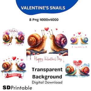 Schattige Valentijn slakken clipartset, instant download png-bestanden, hoge resolutie 4000 x 4000 pixels, Valentijnsdag clipart, liefdesslakken