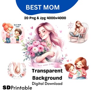 Mejor mamá Clipart Día de la Madre Png Acuarela Mejor mamá Imprimible Sublimación para Regalos Tazas Tarjetas