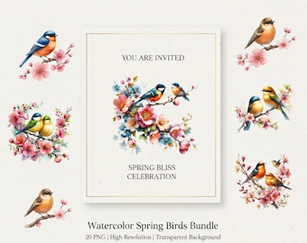 Watercolor Floral Bird Clipart: Spring Blossom PNG (Digital Download)