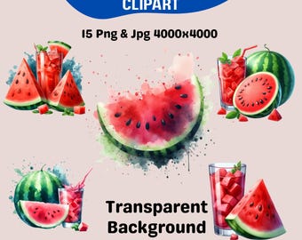 Watercolor Watermelon Clipart Set: Summer Fruit PNG JPG (Digital Download, 4000x4000 px)