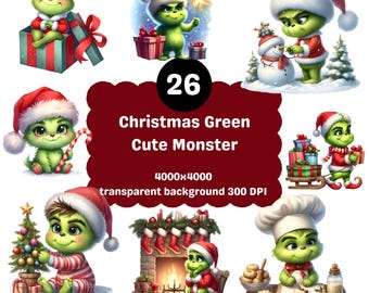 Clipart Noël monstre vert, bébé mignon monstre vert Noël Clipart, graphiques de Noël imprimables, téléchargement numérique