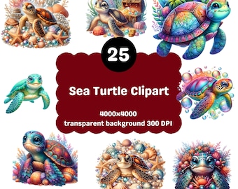 Pode incluir: Uma coleção de 25 cliparts de tartarugas marinhas. As ilustrações apresentam tartarugas coloridas com cascos detalhados, rodeadas por corais, conchas e elementos aquáticos. O texto diz "Sea Turtle Clipart" e "Digital Download".