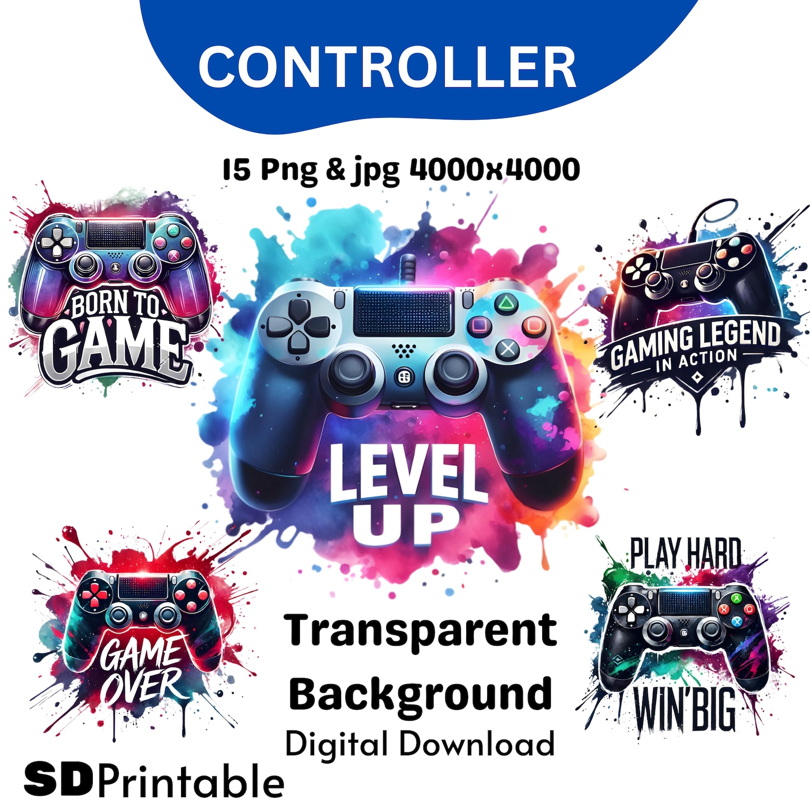 Gaming Controller Clipart Bundle, 15 Digital PNG & JPG Designs, Gamer ...