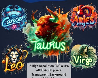 Zodiac Sign Clipart Bundle: Astrology PNG & JPG (Digital Download)
