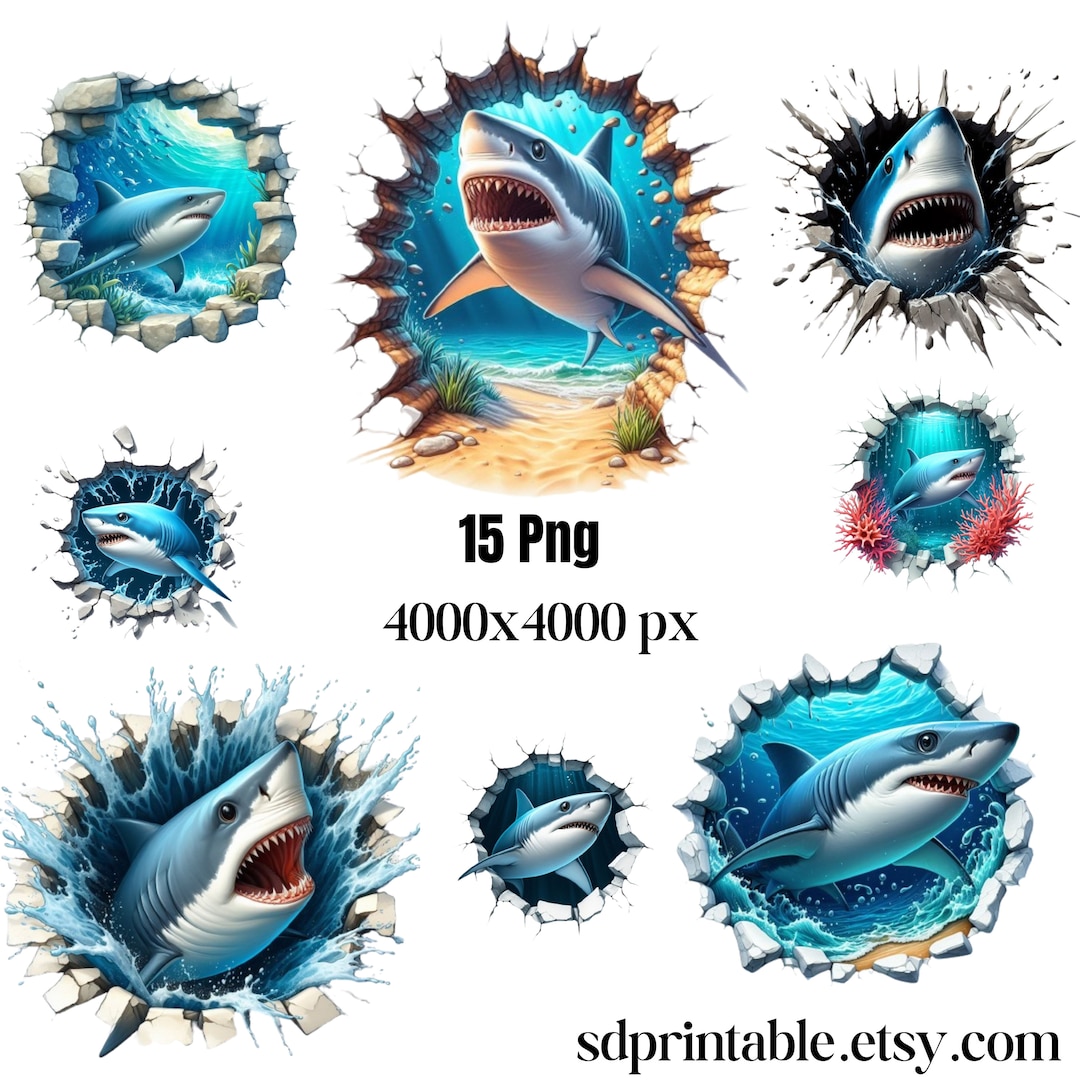 3D Shark Clipart, 3D Shark PNG, Marine Art, Printables - Etsy