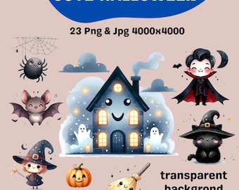 Kawaii Halloween Clipart Bundle: Witch, Ghost, Vampire PNG & JPG (Digital Download)