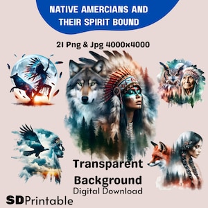 Puede incluir: Un conjunto de 21 imágenes digitales con temática nativa americana para descargar. Las imágenes presentan un lobo, una mujer con un tocado, un pájaro, una mujer con un zorro y una mujer con un cuervo. Las imágenes tienen un estilo de acuarela y un fondo transparente.
