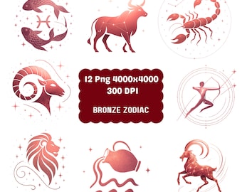 Puede incluir: Ilustraciones de signos del zodiaco en color bronce, incluyendo un carnero, un toro, un escorpión y un arquero. La imagen también contiene el texto "12 Png 4000x4000 300 DPI BRONZE ZODIAC" y "Digital Download".