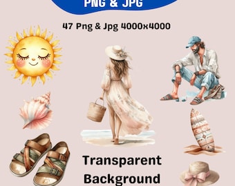 Conjunto de imágenes prediseñadas de playa en acuarela, paquete PNG de vacaciones de verano (descarga digital)