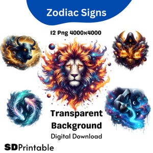Mystical Zodiac Signs Clipart Bundle, 12 PNG & JPG, Celestial Astrology Art, Horoscope Digital Graphics