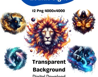 Mystische Sternzeichen Clipart Bundle, 12 PNG & JPG, Celestial Astrology Art, Horoskop Digitale Grafiken