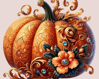 Op de afbeelding: Een sierlijke oranje pompoen met ingewikkelde gouden filigraan en juweelaccenten. De pompoen heeft een donkergroene steel, een grote oranje bloem met een blauwe juweel in het midden en donkerblauwgroene bladeren. Een decoratief herfstthema-item.