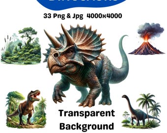 23 Watercolor Dinosaur Cliparts,  10 Prehistoric Landscapes  High-Resolution PNG, JPG Bundle for Crafts & Projects